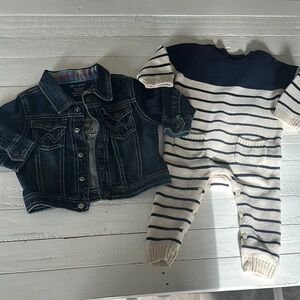 6-12m Gap Navy Cream knit Baby Onesie with wrangler tractor Denim Jean Jacket